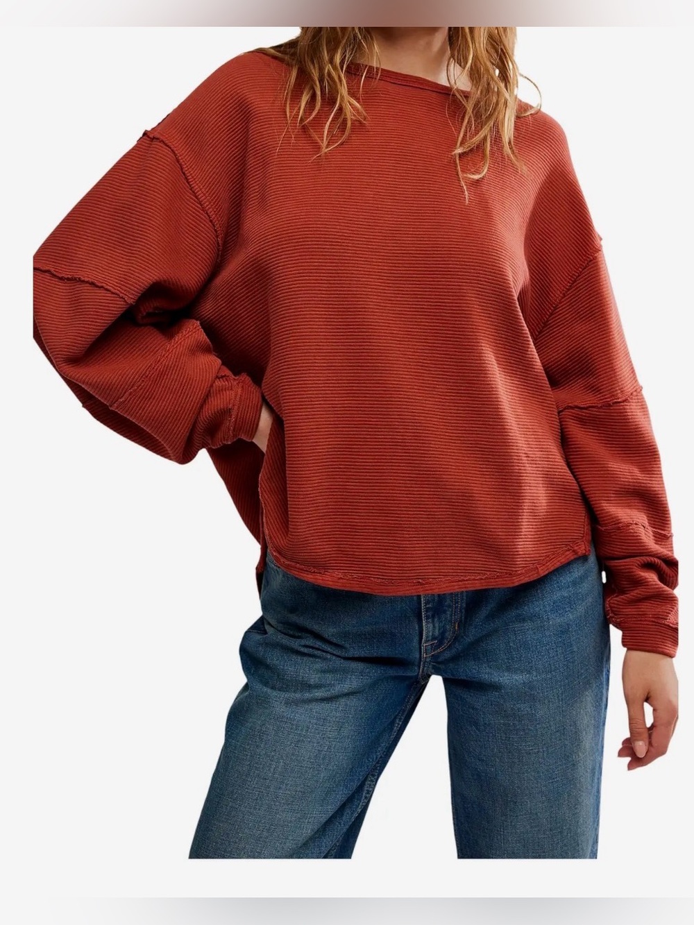 Women's Relaxed Ribbed Long-Sleeve Top in Coral